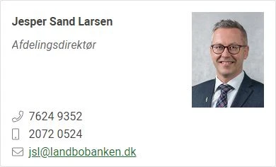 Visitkort med Jesper Sand Larsen, tlf. 76249352 og 20720524, email jsl@landbobanken.dk