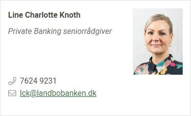 Visitkort med Line Charlotte Knoth, tlf. 76249231, email lck@landbobanken.dk
