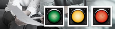 Foto af risikomærkningens trafiklys - grøn, gul, rød